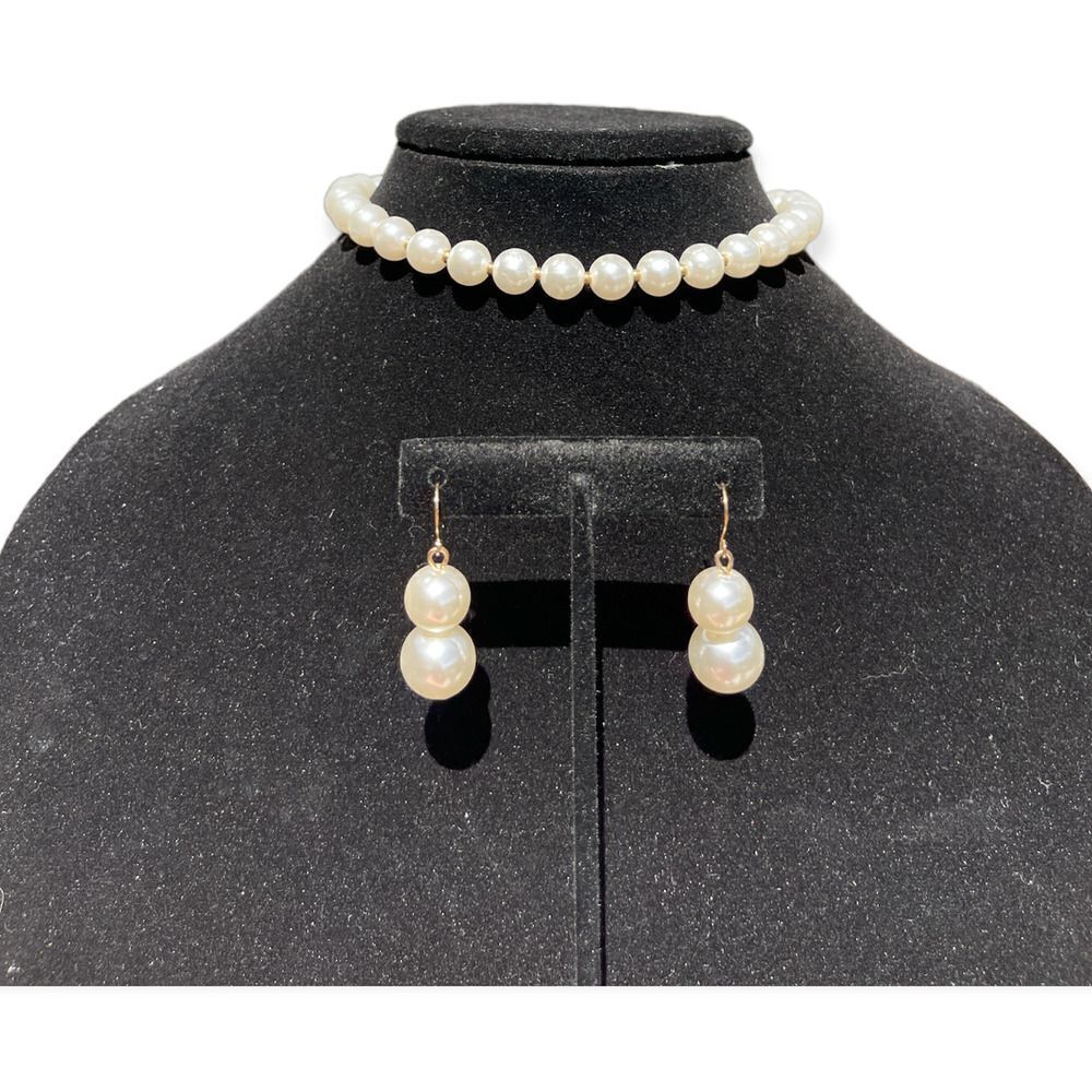 Fashion Costume Jewelry Plastic Pearl Cream Chocker Earring Set